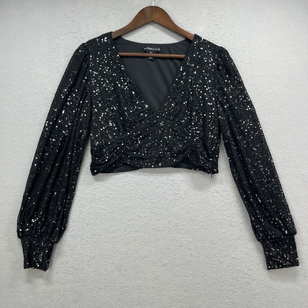 Sincerely Jules Sequin Wrap Top Womens L Black Cropped V-Neck Ruched Glam Party